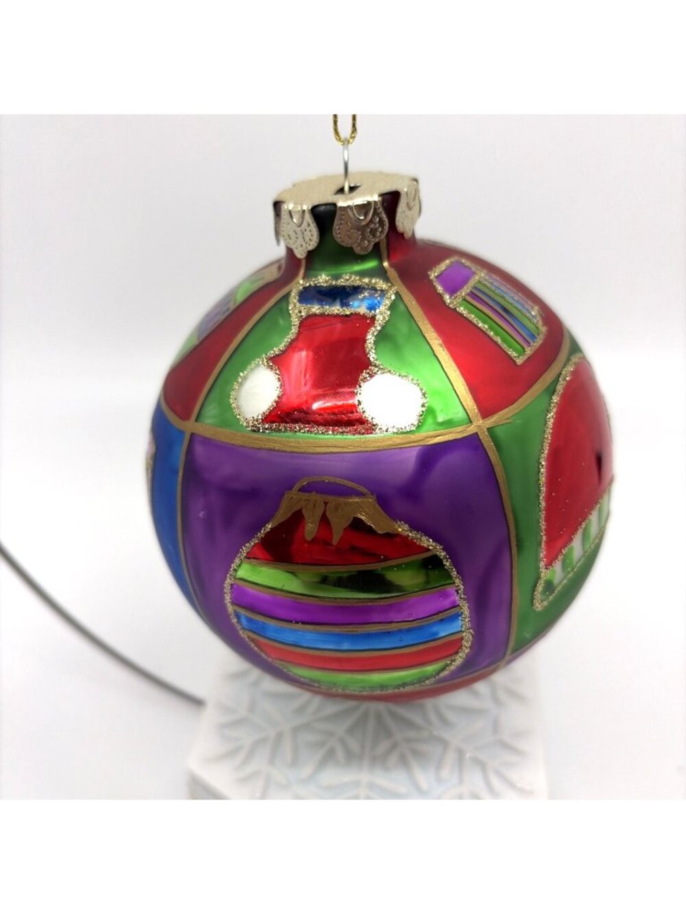 Vtg Komozja Joy to the World Glitterazzi Hand Painted Polish Glass Ball Ornament